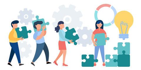 Fototapeta premium Business teamwork concept. Cooperation of people, partnerships, promotion of ideas. Office workers are building business together using puzzles, project management, workflow. Vector flat illustration.