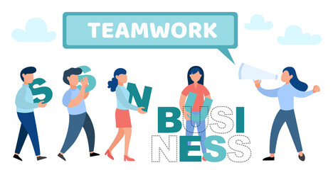 Business teamwork concept. Cooperation of people, partnerships, promotion of ideas. Office workers hold letters and build the word business with leader. Vector flat illustration for banner, web.