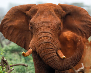 Plakat Elephant bull in must taking a dust bath in Zimanga Game Reserve in Kwa Zulu Natal in South Africa