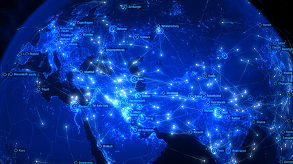 Global Communications over Asia and Europe. Arrows Fly Among Cities. Global Connections. Flight Paths. 3D Rendering. City Names: Warsaw, Moscow, Vienna, Copenhagen, Baku, Kabul, Karachi, Delhi.