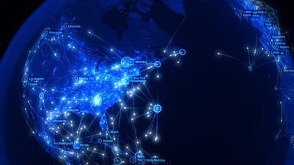 Global Connections over Noth America. Global Communications - Destinations All over the World. Global Communications Through the Network of Connections. Arrows Fly Between Cities. 3d Illustration.