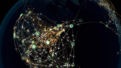 Many Arrows Fly Among Cities. Global Communications over America and Europe. Destinations All over the World. Flight Paths. 3d Rendering.