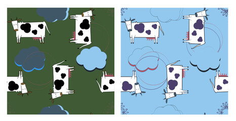 Two seamless vector colorful patterns with cows