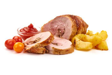 Traditional italian porchetta. Roasted pork belly roll, isolated on white background