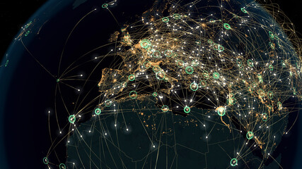 Many Arrows Fly Among Cities. Global Communications over Europe and North Africa. Destinations All over the World. Flight Paths. 3d Rendering. Cities: 