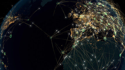 Many Arrows Fly Among Cities. Global Communications over Europe and North Africa. Destinations All over the World. Flight Paths. 3d Rendering. Cities: 