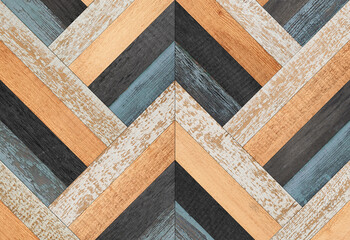 Wood texture background. Weathered wooden boards. Old colorful wooden panel with geometric pattern for wall decor.