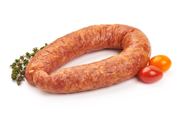 Smoked pork sausage, isolated on white background