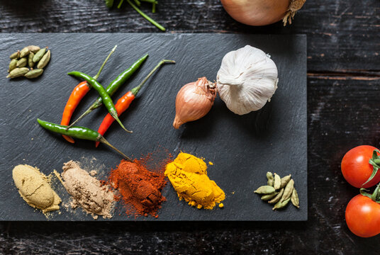 Herbs and spices on a table.