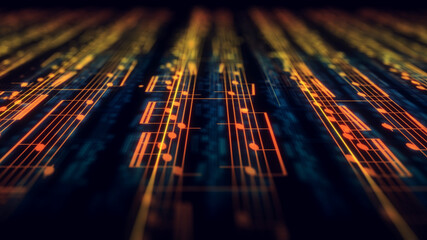 Musical Notes Composition Background in Yellow and Orange. 3d Illustration. The Depth of Field.