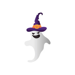 halloween ghost with witch hat, flat style