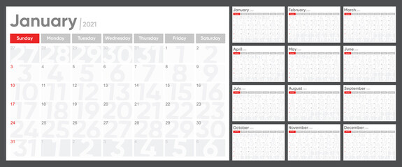 Calendar template 2021. Week start Sunday corporate design planner template.