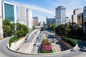 View of one of Sao Paulo's avenue from "Viaduto do Chá" in a sunny and blue day