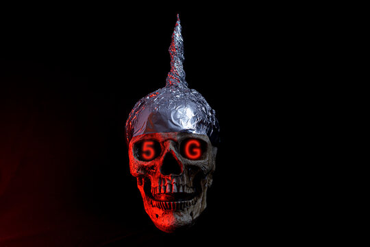 skull wearing a tinfoil hat 5g conspiracy