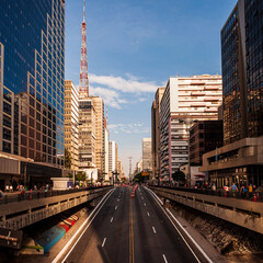 View of Avenida Paulista with buildings in São Paulo with blue sky and sunny day