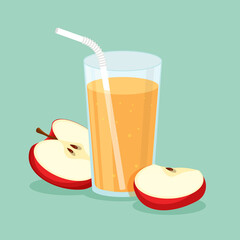 Natural apple juice in a glass. Fresh squeezed fruit juice with cut slice and drinking straw. Healthy organic food. Vector illustration in flat trendy style isolated on blue background.	