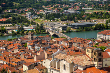 High angle view of city of Vienne and the Rhone River, France.