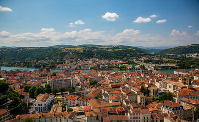 Fototapeta na wymiar High angle view of city of Vienne and the Rhone River, France.