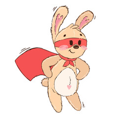 Cute bunny superhero isolated on white background. Animal character hero with mask and cloak. Cartoon vector illustration in hand drawn style. Design for children's books, print, poster, fabric.