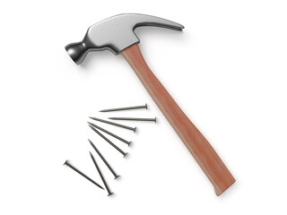 Hammer and nails on white surface. 3D rendering.