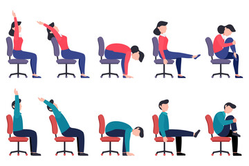 Set of women and men doing office chair exercises. Bundle of workers workout for healthy back, neck, arms, legs. Sport for the wellbeing. Vector illustration isolated on white background.