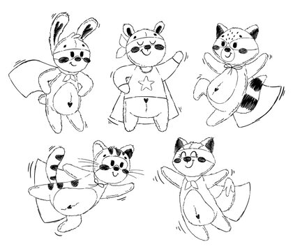 Set of cute animal superheroes. Bundle of hand drawn line art characters: teddy bear, bunny, fox, cat, raccoon. Collection of vector hero for children's book or coloring, print, poster.