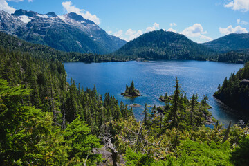 Fototapeta na wymiar Pretty in blue: Bedwell Lake, Strathcona Park, BC in August