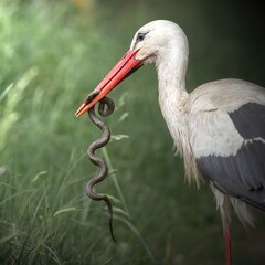 White stork eating Dice snake. Isolated on green natural background.