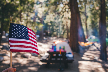 American flag in forest campground.