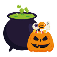 halloween pumpkin cartoon with candies and witch bowl design, happy holiday and scary theme Vector illustration