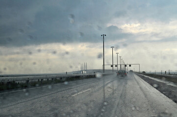 Highway on the bridge in the rain (Sweden, Malmo)