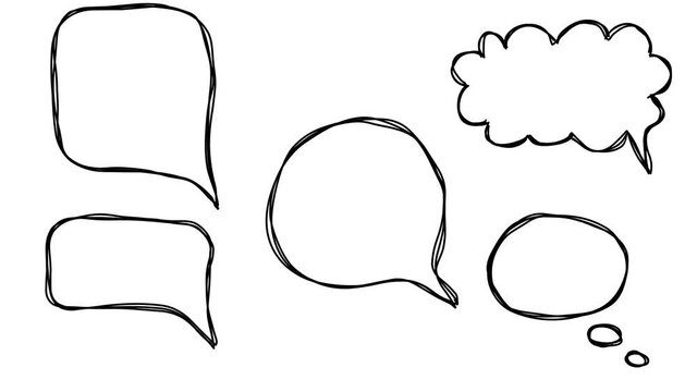 Set of many different speech cartoon bubbles sketch doodles being animated. Hand-drawn moving scribble on white background.