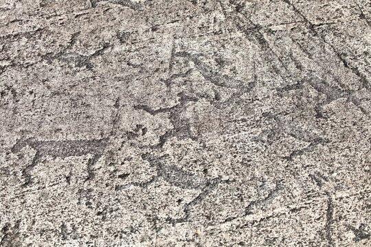 Ancient petroglyphs on the surface of granite slabs close-up. Ancient images of people and animals on a stone surface. Rock painting of ancient people. Close-up of paintings and rock carvings. Art.