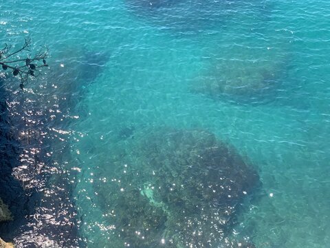 Azure ocean. Turquoise sea. Adriatic. Beautiful watercolor. Blue water. Shining surface. Mediterranean coast. Summer vacation. Freshness. Amazing seascape.