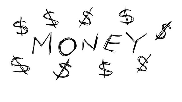 ''Money'' word and dollar signs around sketch doodles being animated. Hand-drawn moving scribble on white background.