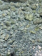 Crystal clear sea water. Pebble seabed of Adriatic. Mediterranean coast. Sea pebbles and stones. Summer vacation on Montenegro. Health and relaxation. Pure transparent water.