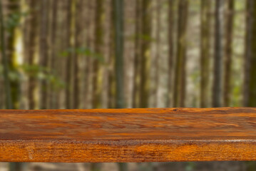 Fototapeta na wymiar Old wooden board on a background of coniferous forest. The surface of the board in sharpness on a background of blurred tree trunks. Mockup for design. Copy space for product advertising.