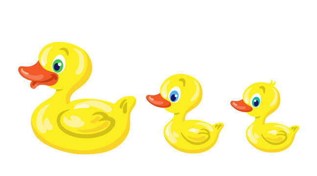 Kids toys. Three yellow rubber duck. In cartoon style. Isolated on white background. Vector flat illustration.