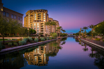 Artistic sunset image of Az, Canal in downtown Scottsdale, AZ,USA
