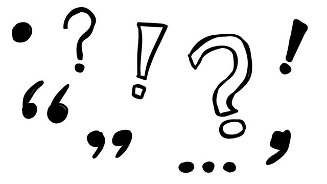 Set of different punctuation marks sketch doodles being animated. Hand-drawn moving scribble on white background.