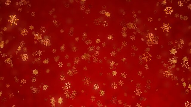 Fototapeta Golden snowflakes sparkle glitter background with bokeh effect and selective focus. Festive Christmas and New Year's Eve wallpaper concept as a bright gold on red full-frame abstract backplate.