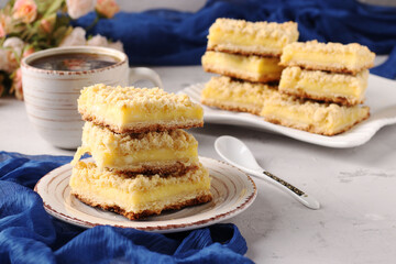 Viennese Grated biscuits with curd filling on grey background, Closeup, horizontal format