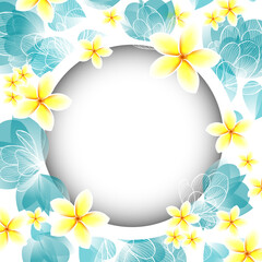 Round frame with delicate blue and yellow flowers. Vector illustration