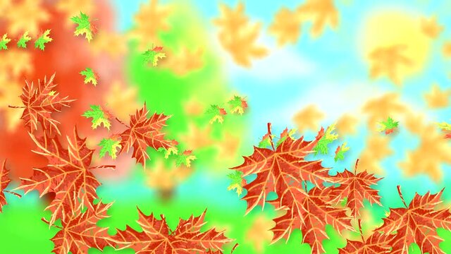 Abstract video with falling horizontally multi-colored wedge leaves on a blurred nature background. Hand-drawn 2D animation of high quality 4K.