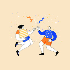 Happy people celebrate an important event. Joyful emotion. Flat vector illustration in cartoon style. Holiday