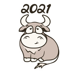 Symbol of the year 2021 Year of the white metal bull. Year of the bull 2021. Year of the ox 2021. Cute Bull vector image. 2021 Ox zodiac. White funny ox. Bull zodiac symbol of the year 2021.