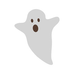 A cute white alarmed ghost who wants to scare you. Design element for poster, flyer, postcard in style on white background isolated. Cute scary character, white tablecloth with eyes and open mouth
