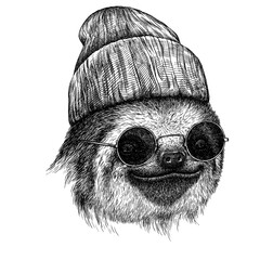 black and white engrave isolated sloth illustration © Turaev