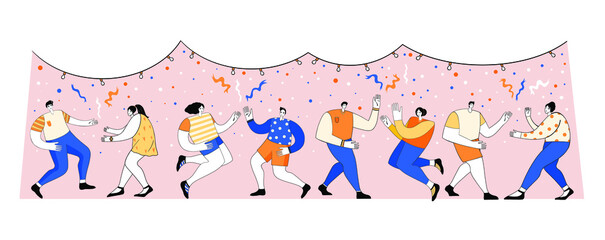 Happy people celebrate an important event. Joyful emotion. Flat vector illustration in cartoon style. Holiday