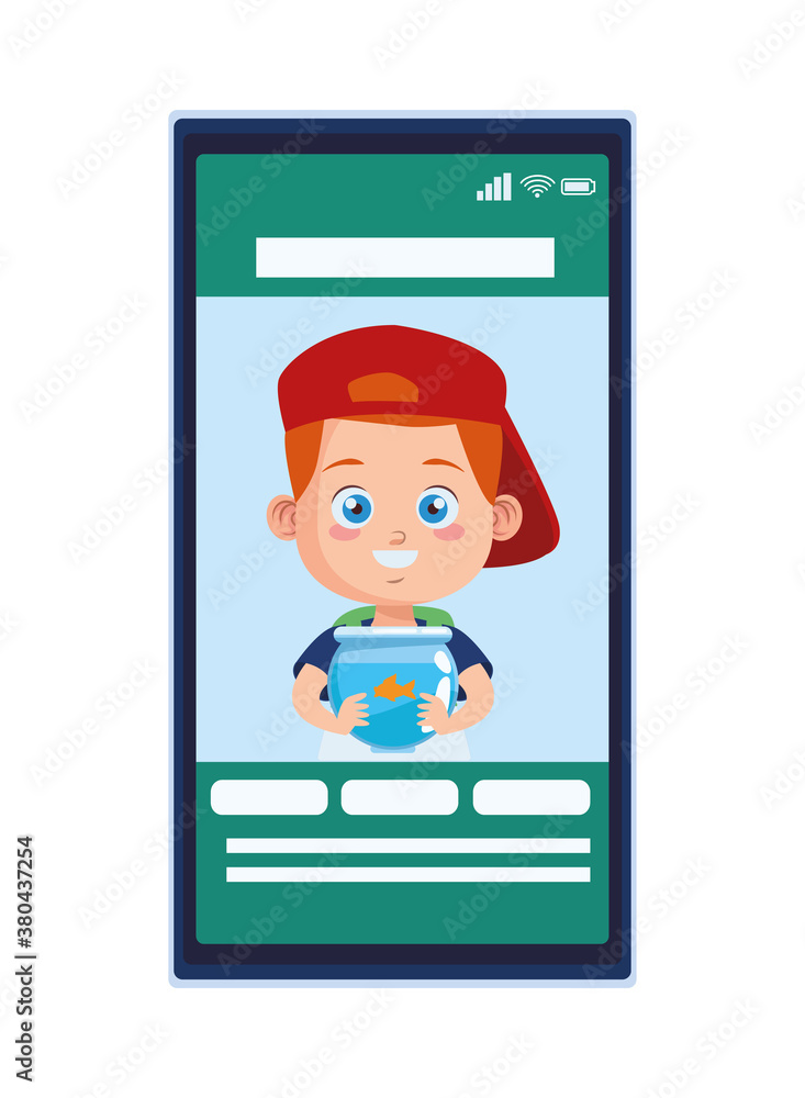 Canvas Prints cute little boy student with sport cap and aquarium in smartphone